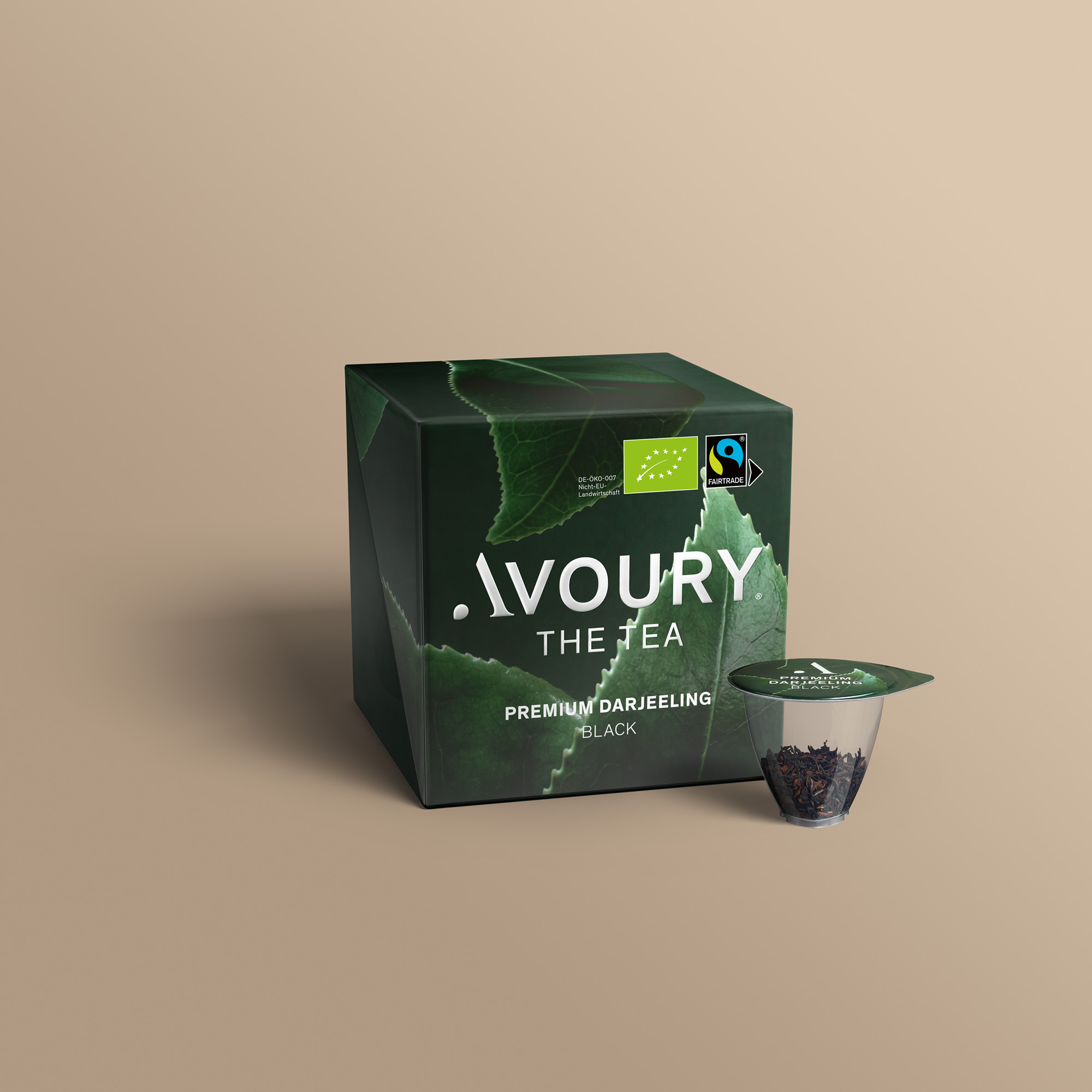 Premium Darjeeling Schwarzer Tee von Avoury als 3D-Ansicht mit Kapsel